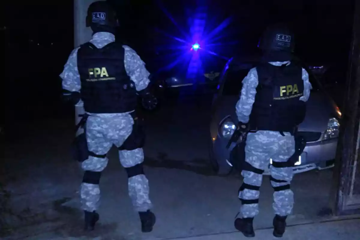 Dos agentes de la FPA con uniforme táctico y chaleco antibalas están de espaldas durante un operativo nocturno frente a un auto con luces policiales encendidas al fondo Dos agentes de la FPA con uniforme táctico y chaleco antibalas están de espaldas durante un operativo nocturno frente a un auto con luces policiales encendidas al fondo