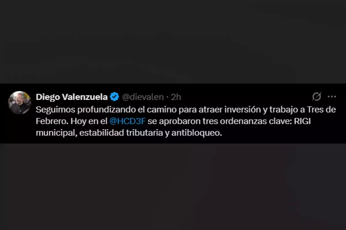 Diego Valenzuela’s post informing about the approval of three ordinances in Tres de Febrero to attract investment and jobs, mentioning municipal RIGI, tax stability, and anti-blocking measures. Diego Valenzuela’s post informing about the approval of three ordinances in Tres de Febrero to attract investment and jobs, mentioning municipal RIGI, tax stability, and anti-blocking measures.