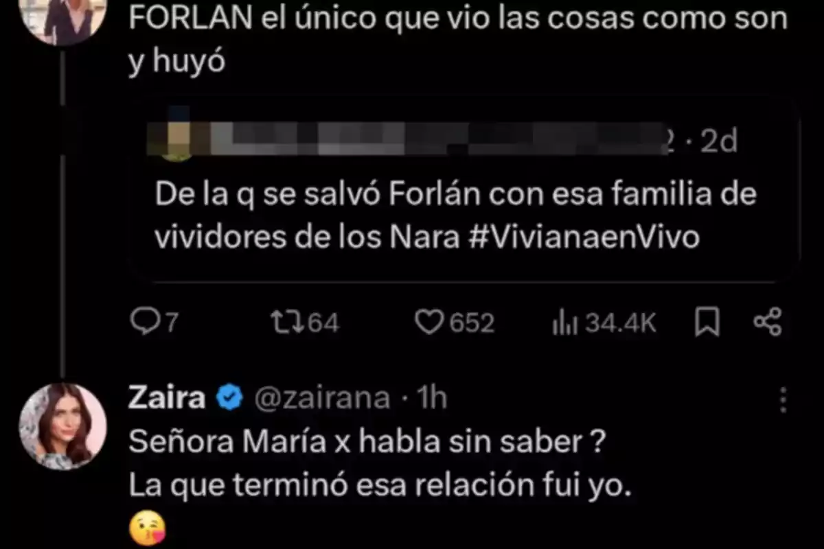 Exchange of tweets where users comment on the relationship between Forlán and the Nara family, and Zaira responds clarifying that she was the one who ended the relationship. Exchange of tweets where users comment on the relationship between Forlán and the Nara family, and Zaira responds clarifying that she was the one who ended the relationship.
