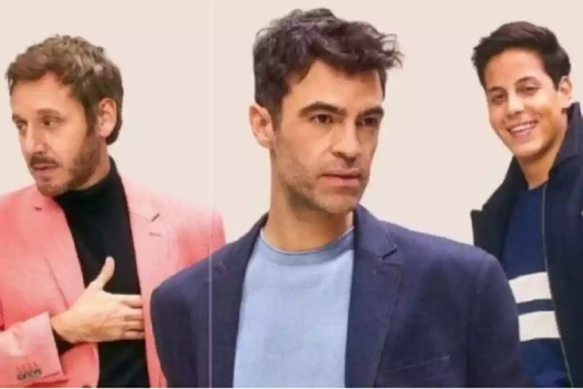 Tres hombres posan usando sacos de diferentes colores sobre un fondo claro Tres hombres posan usando sacos de diferentes colores sobre un fondo claro