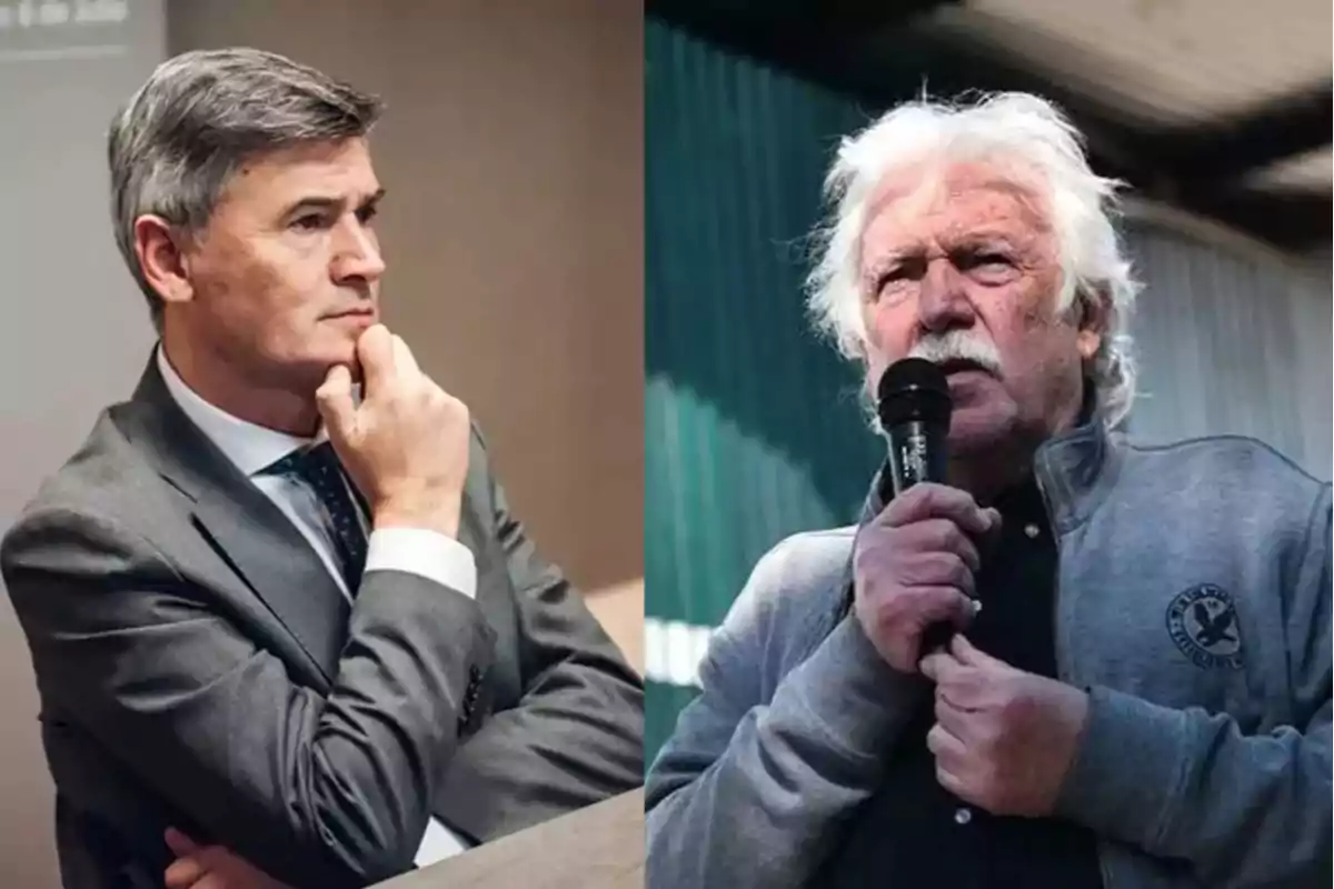 Dos hombres mayores, uno vestido con traje y el otro con chaqueta gris, aparecen en una imagen dividida; el primero está pensativo y el segundo sostiene un micrófono mientras habla.