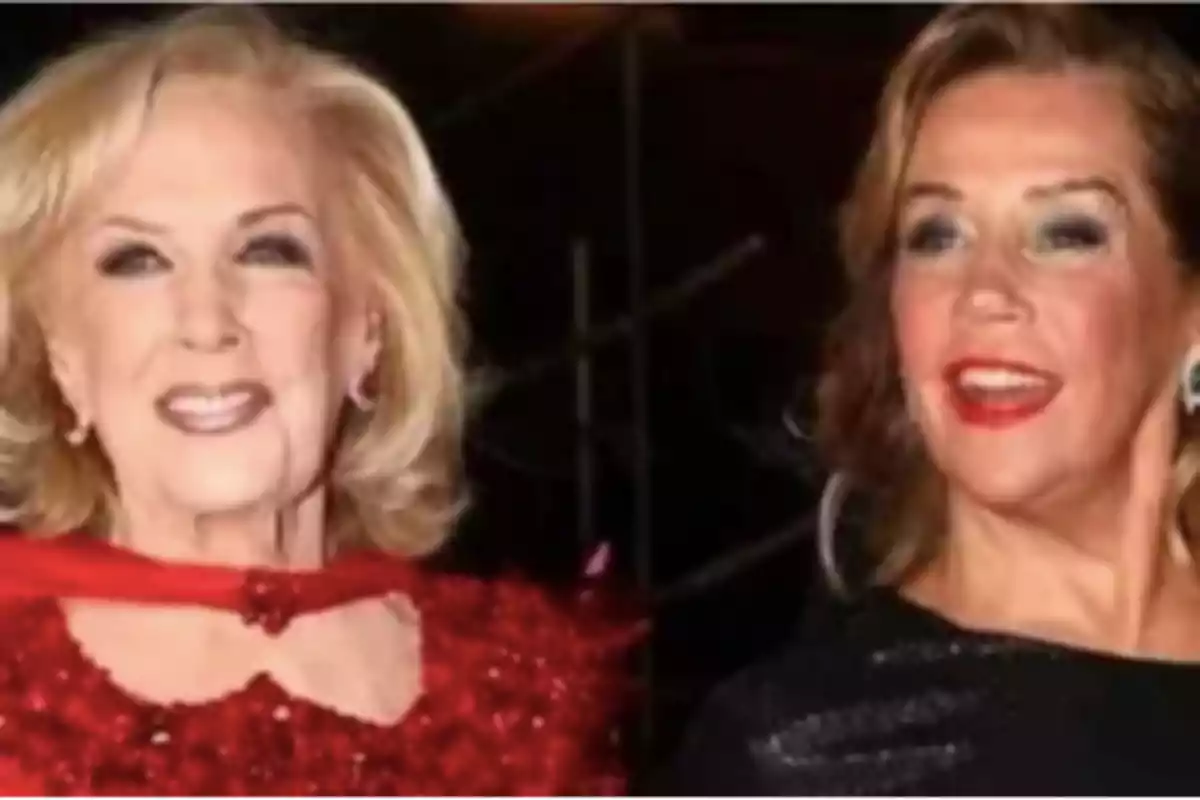 Two smiling women pose elegantly dressed at a nighttime event. Two smiling women pose elegantly dressed at a nighttime event.