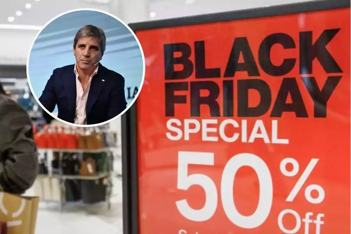 Un hombre en un círculo superpuesto a un cartel rojo que anuncia un descuento del 50% por Black Friday en una tienda.