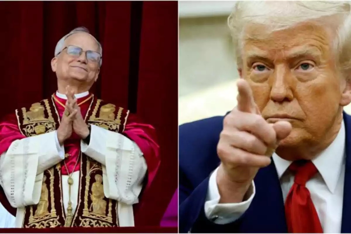 Dos hombres en una imagen dividida, uno vestido con vestimenta religiosa y el otro señalando con el dedo.