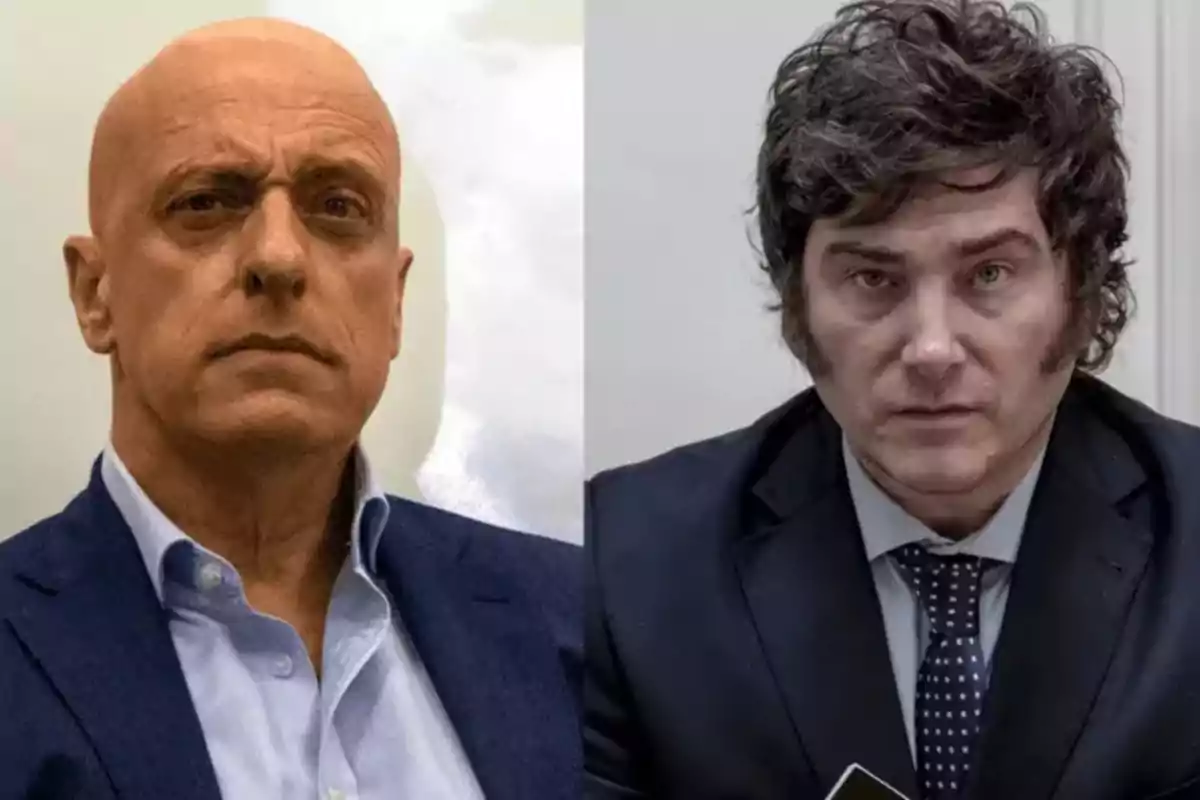 Two men in formal suits, one bald and the other with curly hair, pose in a split image.