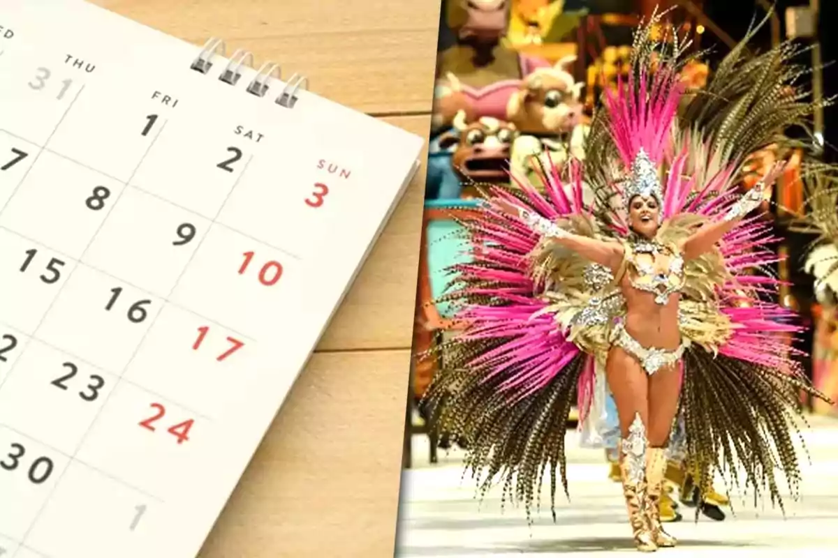 Un calendario de mesa junto a una persona con un colorido disfraz de carnaval.