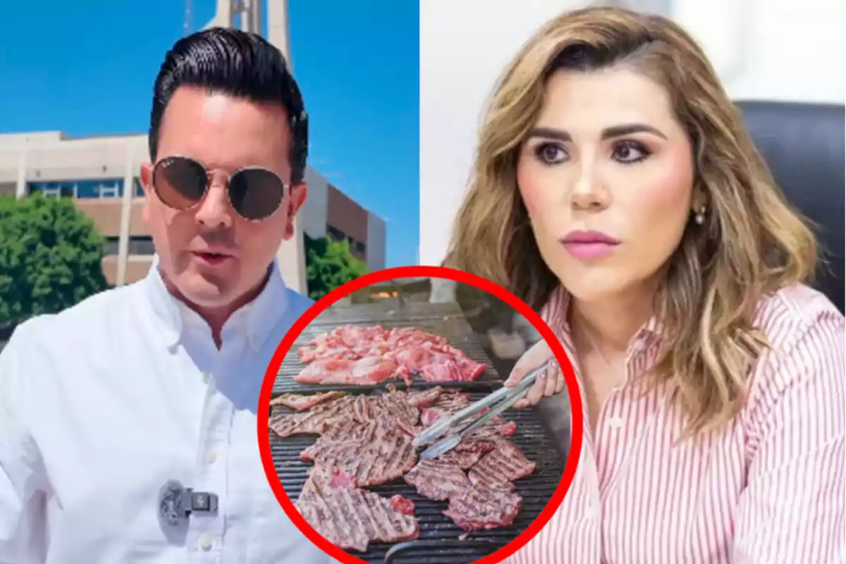 Un hombre con gafas de sol y camisa blanca está al aire libre frente a un edificio mientras una mujer con cabello ondulado y blusa a rayas está en un entorno interior; en el centro hay una imagen circular de carne asada en una parrilla.