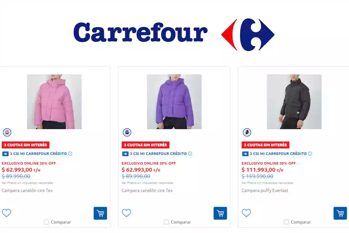 Carrefour website displaying three jackets of different colors and brands on sale with prices and online purchase options Carrefour website displaying three jackets of different colors and brands on sale with prices and online purchase options