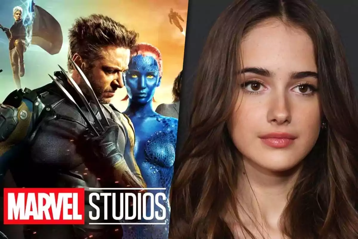 Imagen que muestra un póster de Marvel Studios con personajes de X-Men junto a una fotografía de una mujer joven.