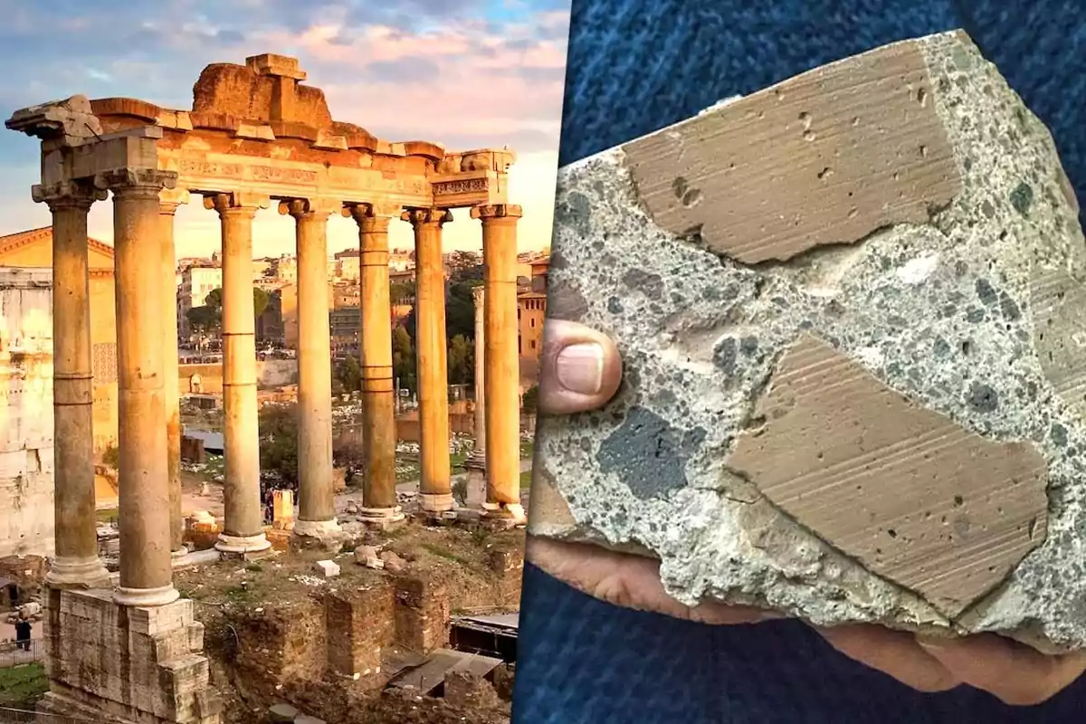 Ruins of a Roman temple with classical columns on the left and a fragment of ancient concrete held by a hand on the right.
