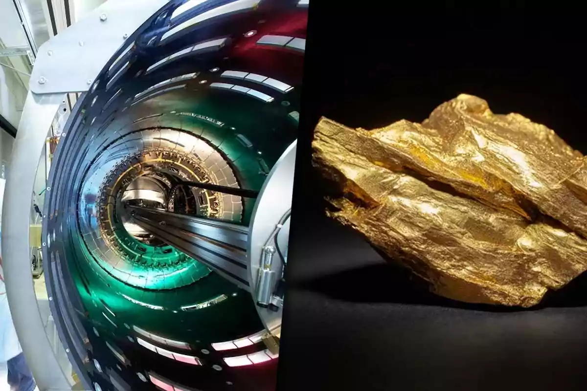 Un acelerador de partículas junto a una roca de oro.
