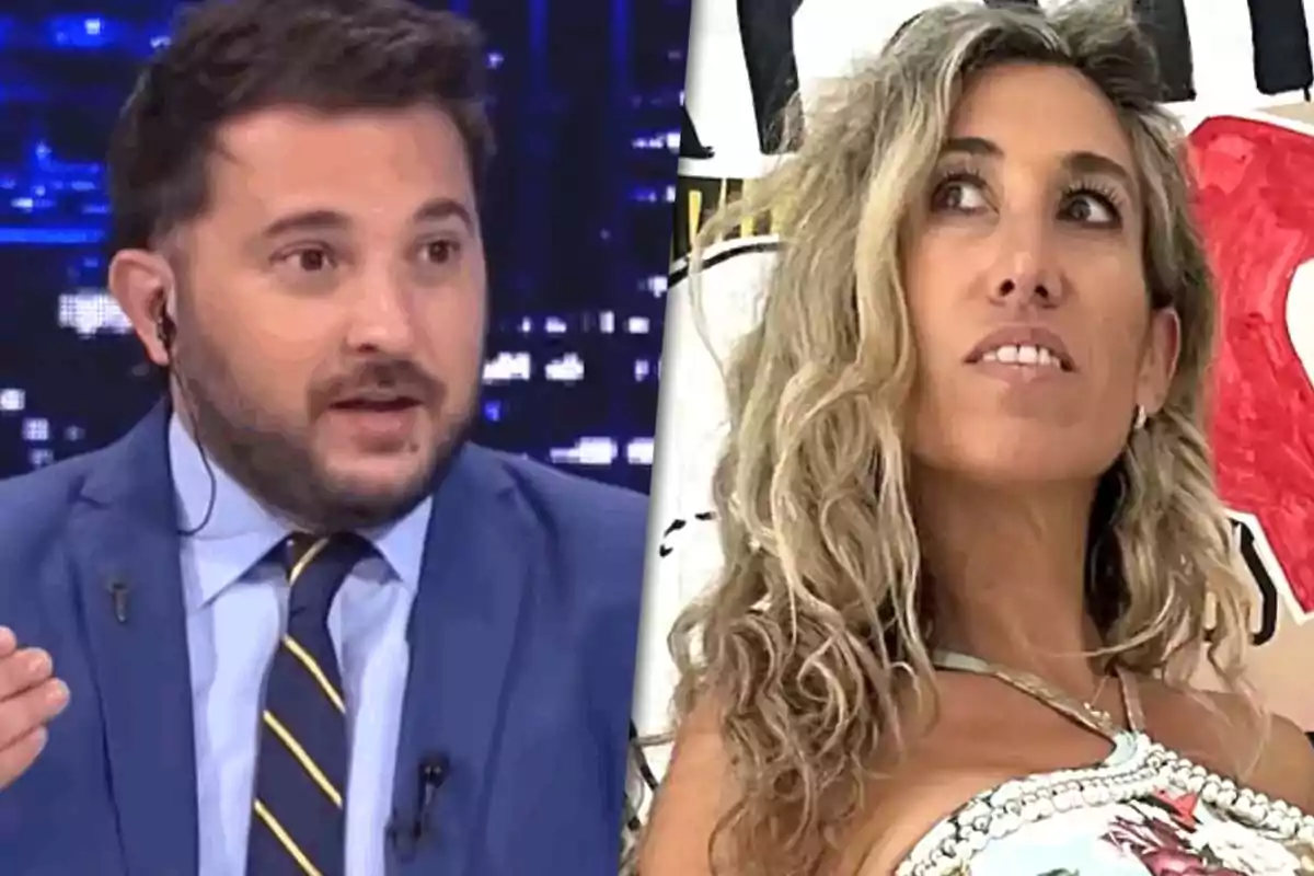 Dos personas aparecen en una imagen dividida, una a la izquierda con traje azul y auriculares, y otra a la derecha con cabello rubio rizado y un vestido claro.