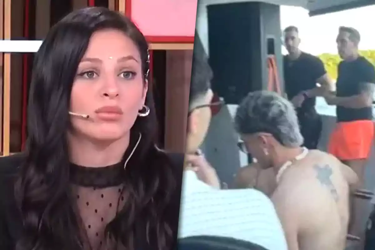 Una mujer con micrófono está en un estudio de televisión, mientras que en la otra parte de la imagen se ve a varias personas en un ambiente al aire libre, posiblemente en un barco.