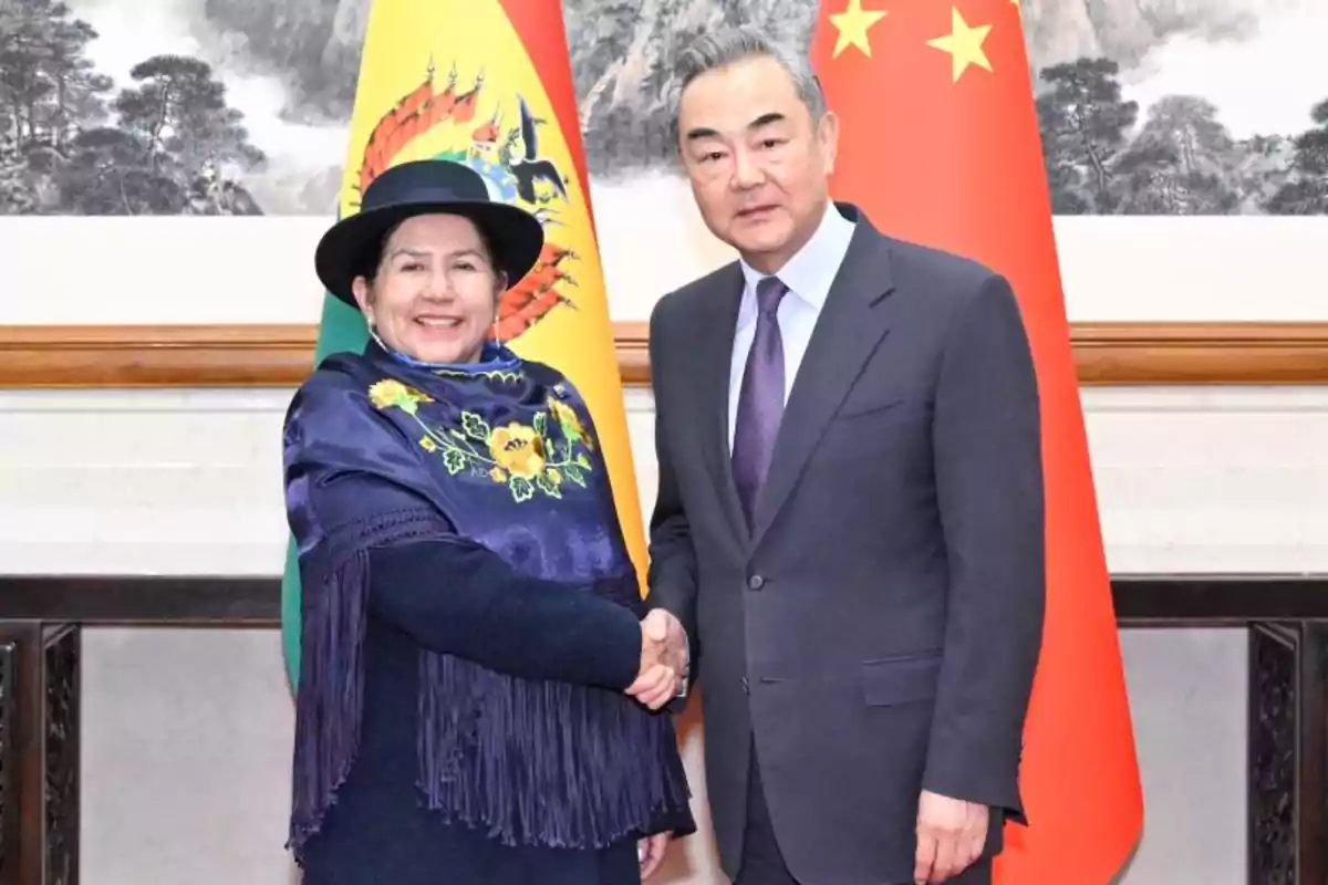 Dos personas dándose la mano frente a las banderas de Bolivia y China.