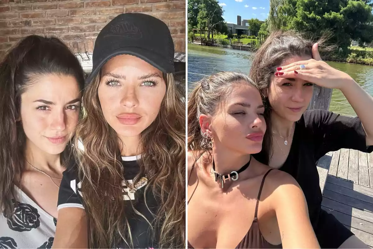 Dos mujeres posando juntas en dos fotos diferentes, una en un entorno interior con una pared de ladrillos y otra al aire libre cerca de un lago.