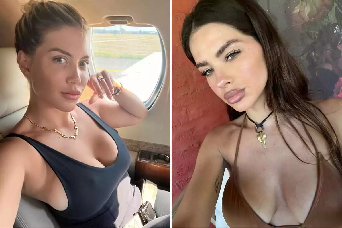 Dos mujeres posando para selfies, una en el interior de un avión y la otra frente a una pared de ladrillo.