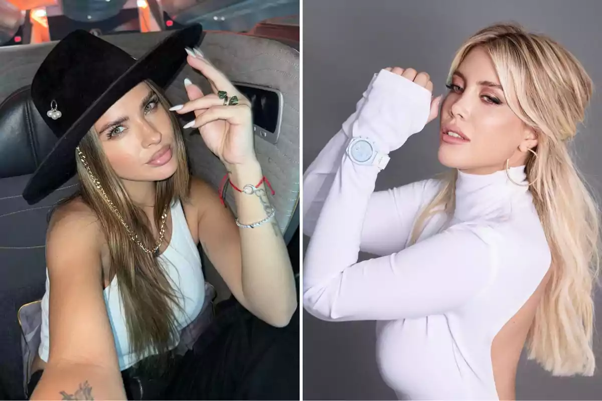 Dos mujeres posando, una con sombrero negro y otra con un reloj blanco.