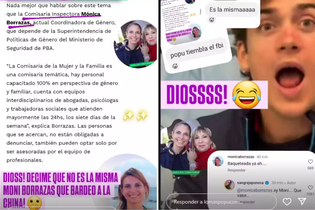 La imagen muestra una conversación sobre la Comisaria Inspectora Mónica Borrazas, actual Coordinadora de Género, con comentarios humorísticos y emojis, junto a fotos de personas sonriendo. La imagen muestra una conversación sobre la Comisaria Inspectora Mónica Borrazas, actual Coordinadora de Género, con comentarios humorísticos y emojis, junto a fotos de personas sonriendo.