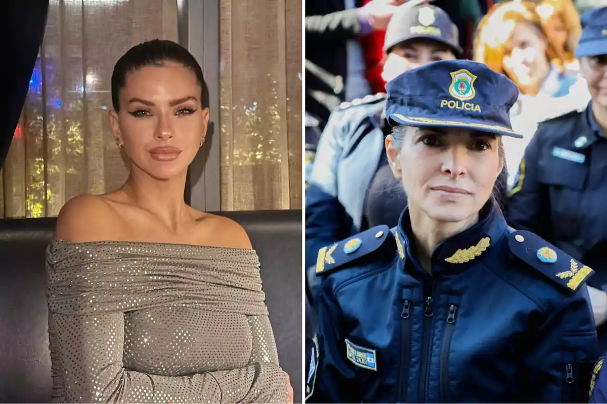 Una mujer con un vestido brillante posando junto a una mujer policía con uniforme.