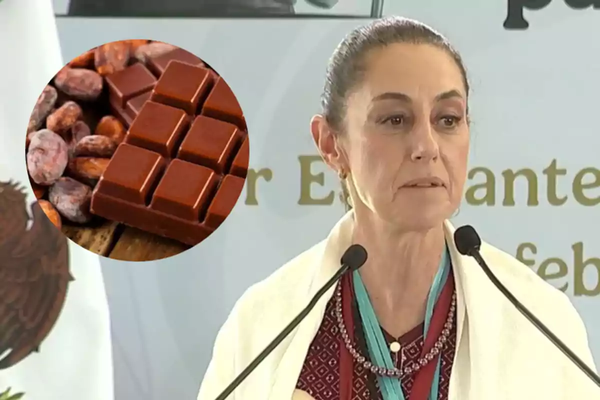 Una persona hablando en un podio con un micrófono, junto a una imagen circular de chocolate y granos de cacao.