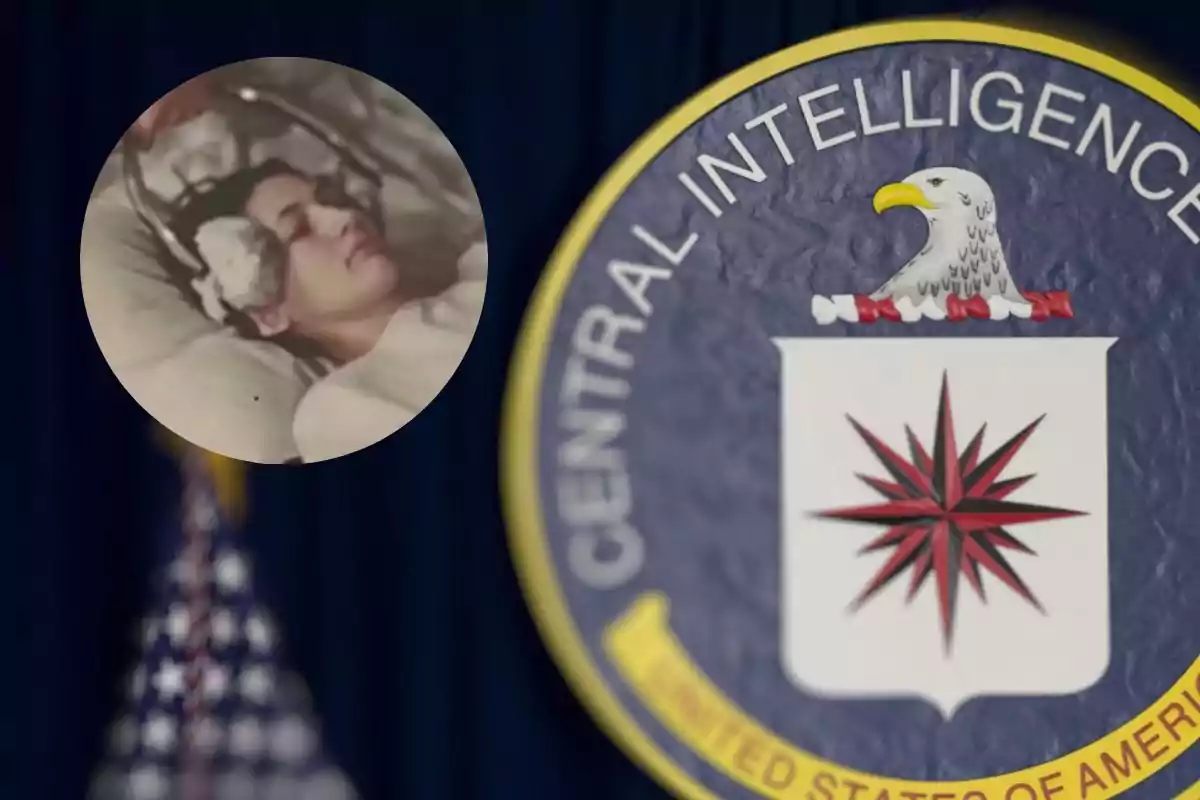 Una persona acostada con un dispositivo en la cabeza como parte de un experimento del "MKUltra", junto al logo de la CIA.