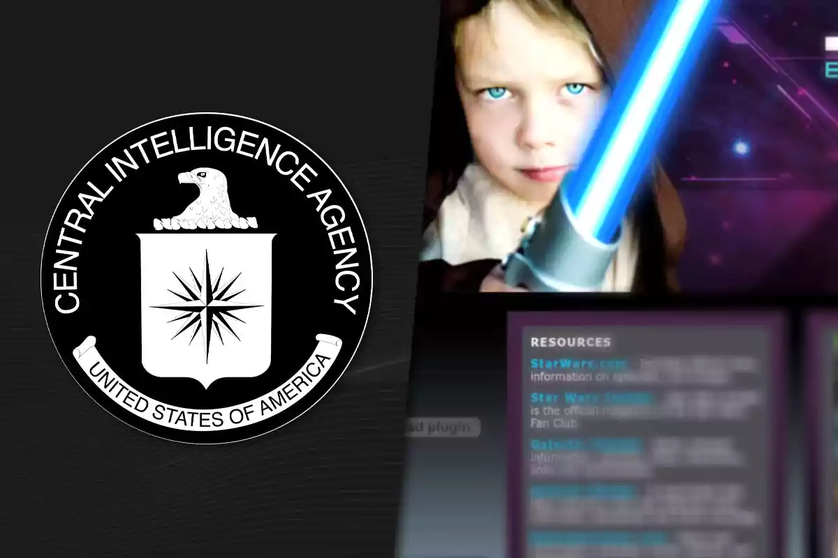Logotipo de la CIA a la izquierda y un niño disfrazado de Jedi con un sable de luz azul a la derecha