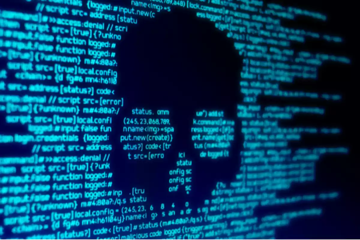 Computer screen with blue lines of code forming the silhouette of a skull. Computer screen with blue lines of code forming the silhouette of a skull.
