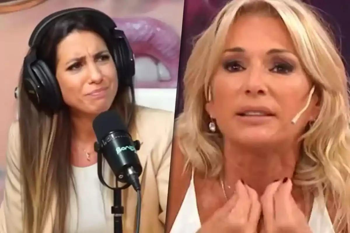 Two women on a talk show, one with headphones and a microphone, the other with a lapel microphone, both with serious expressions.