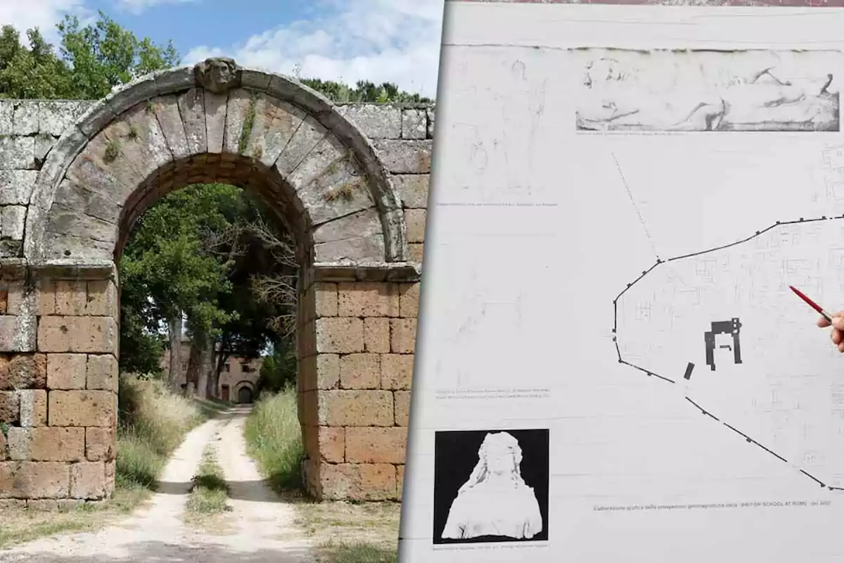 Un arco de piedra antiguo en un entorno natural junto a un plano arquitectónico con una mano señalando con un lápiz.