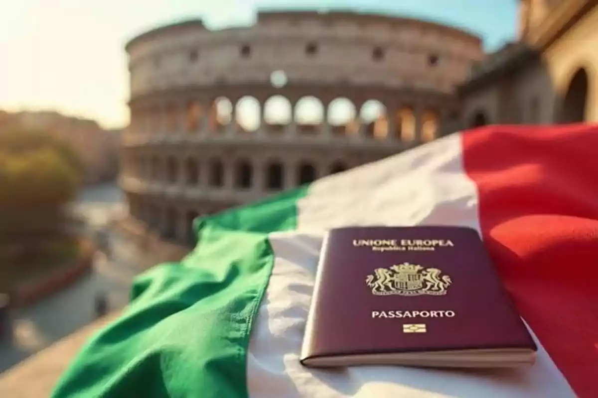 Italian passport on an Italian flag with the Colosseum in the background. Italian passport on an Italian flag with the Colosseum in the background.