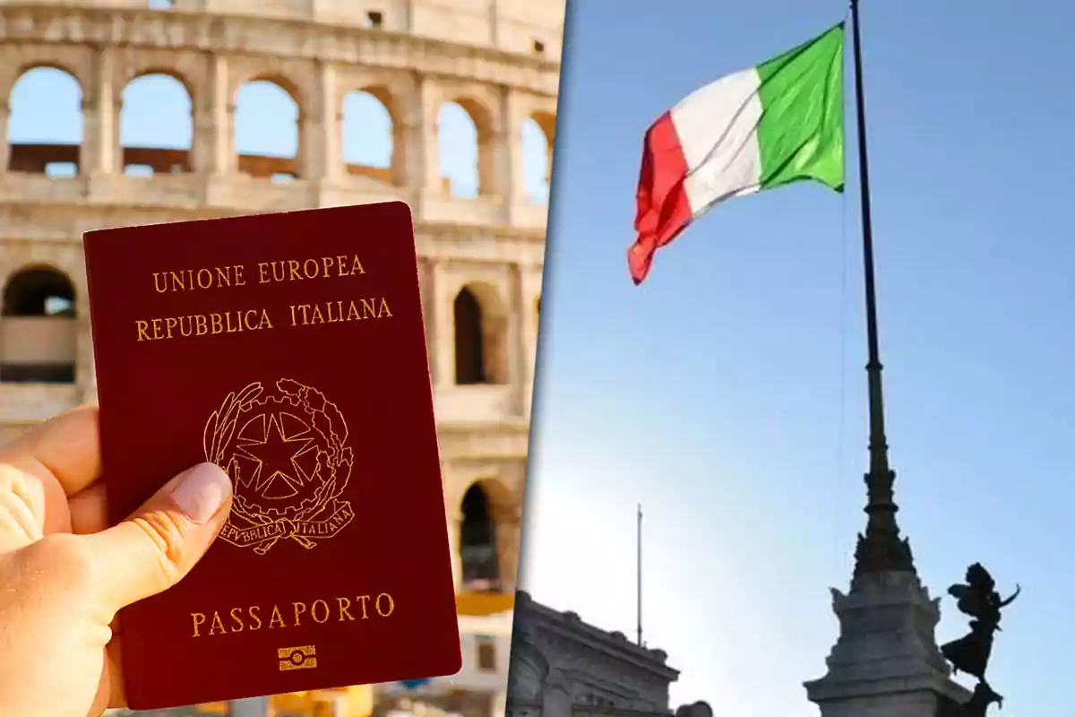 An Italian passport held in front of the Colosseum and an Italian flag waving on a flagpole.