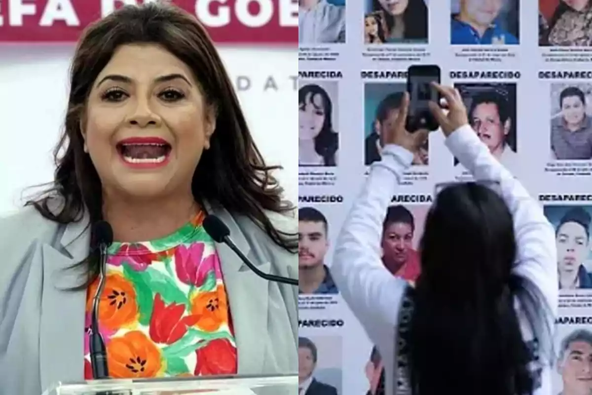 A woman speaking at a podium with microphones on the left and another person taking a photo of a mural of missing people on the right.
