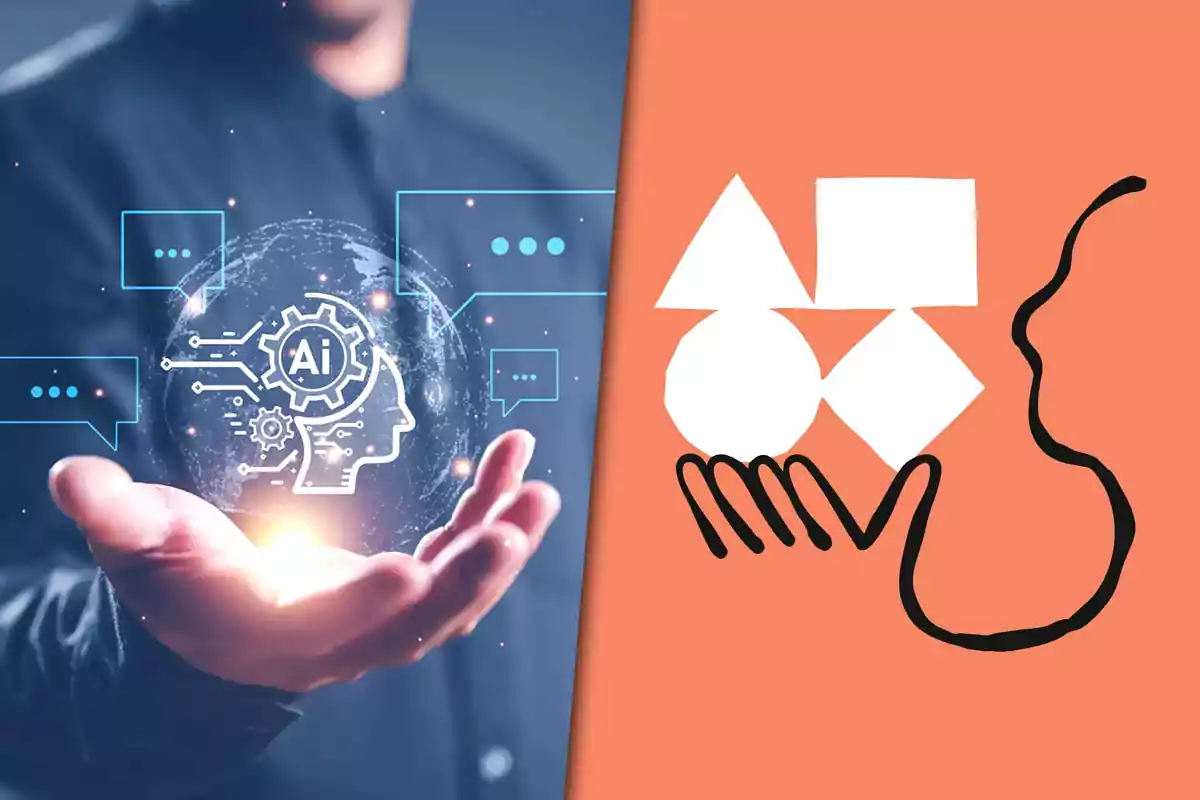 A hand holds an artificial intelligence hologram against a blue background while on the right there is an abstract design on an orange background.