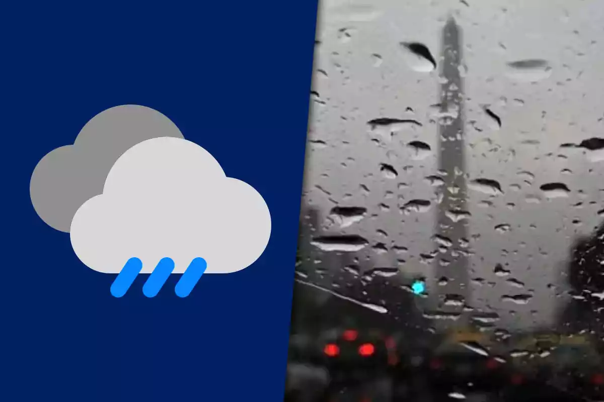 Icono de nubes con lluvia junto a una imagen de una ciudad vista a través de una ventana con gotas de agua.