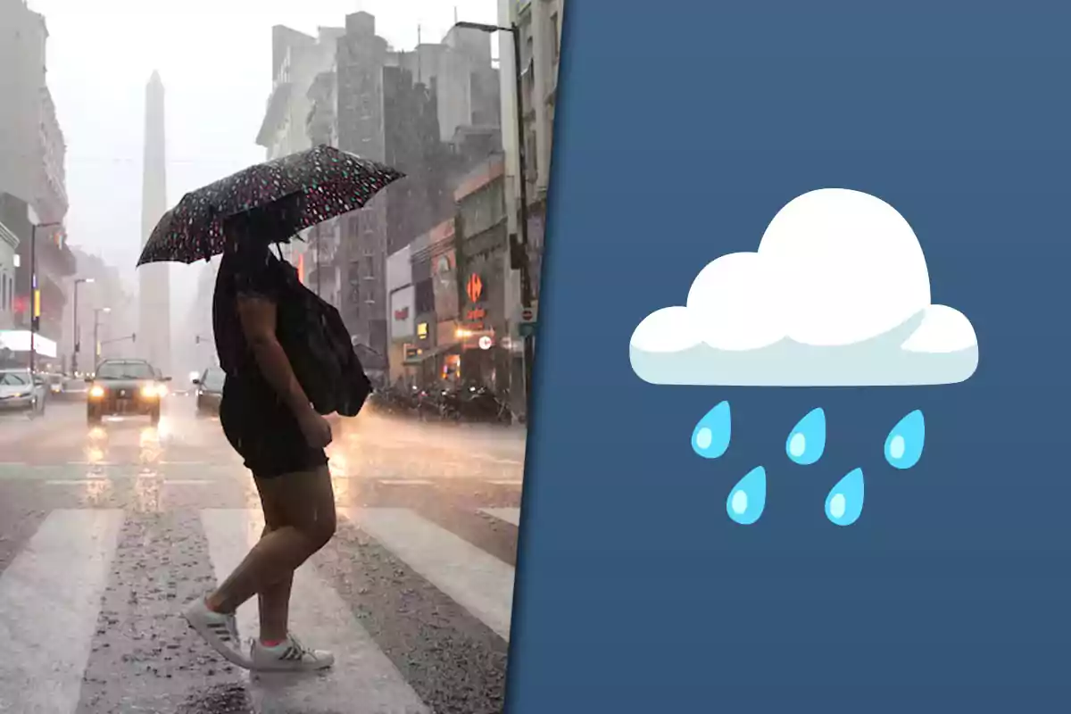 Persona cruzando una calle bajo la lluvia con paraguas en una ciudad y al lado un dibujo de nube con gotas de lluvia sobre fondo azul
