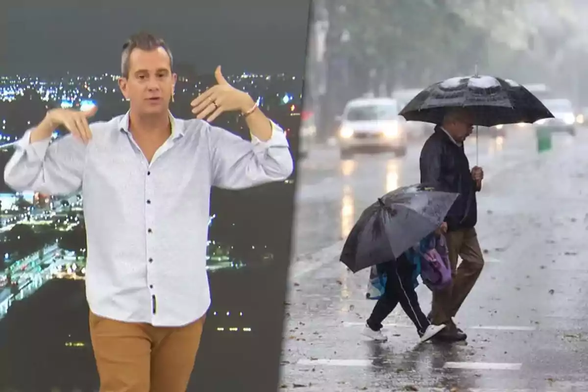 A TV host gestures while giving the weather forecast, and next to him, an image shows two people crossing a street in the rain with umbrellas.