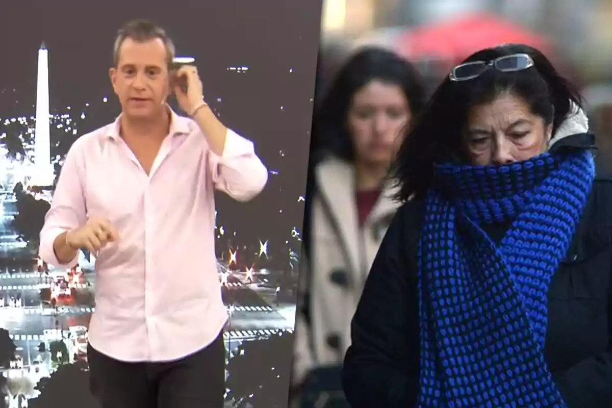 Un hombre con camisa clara habla frente a una ciudad iluminada mientras una mujer con bufanda azul camina abrigada por la calle