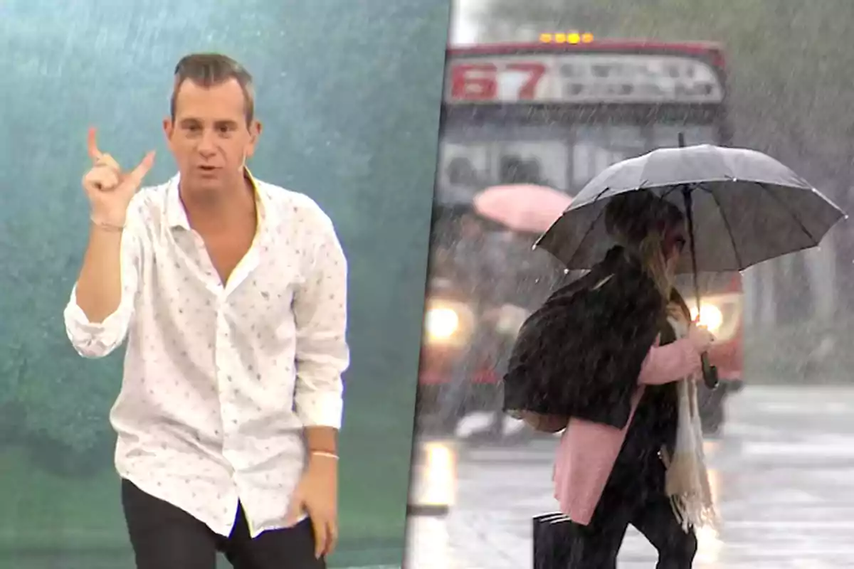 A man gives the weather forecast while a woman walks in the rain with an umbrella and a bus in the background.