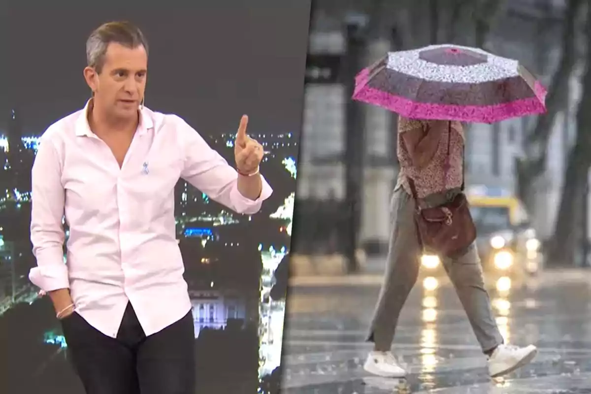 A man in a white jersey gesturing in a television studio and a person walking in the rain with a colorful umbrella.