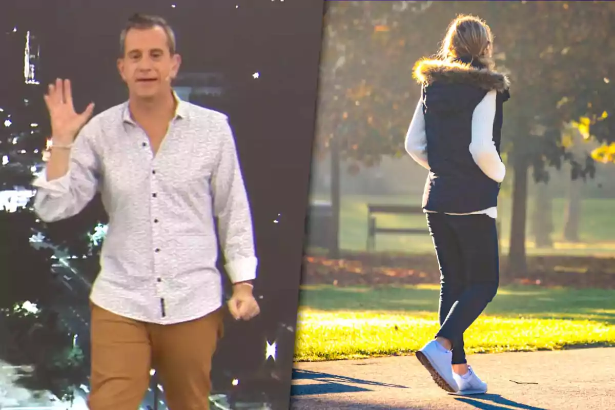 Un hombre saluda con la mano en un estudio de televisión mientras una mujer camina sola por un parque en un día soleado