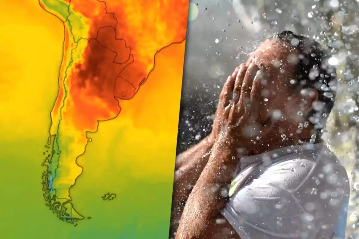 Mapa de calor de Argentina junto a una persona refrescándose con agua.