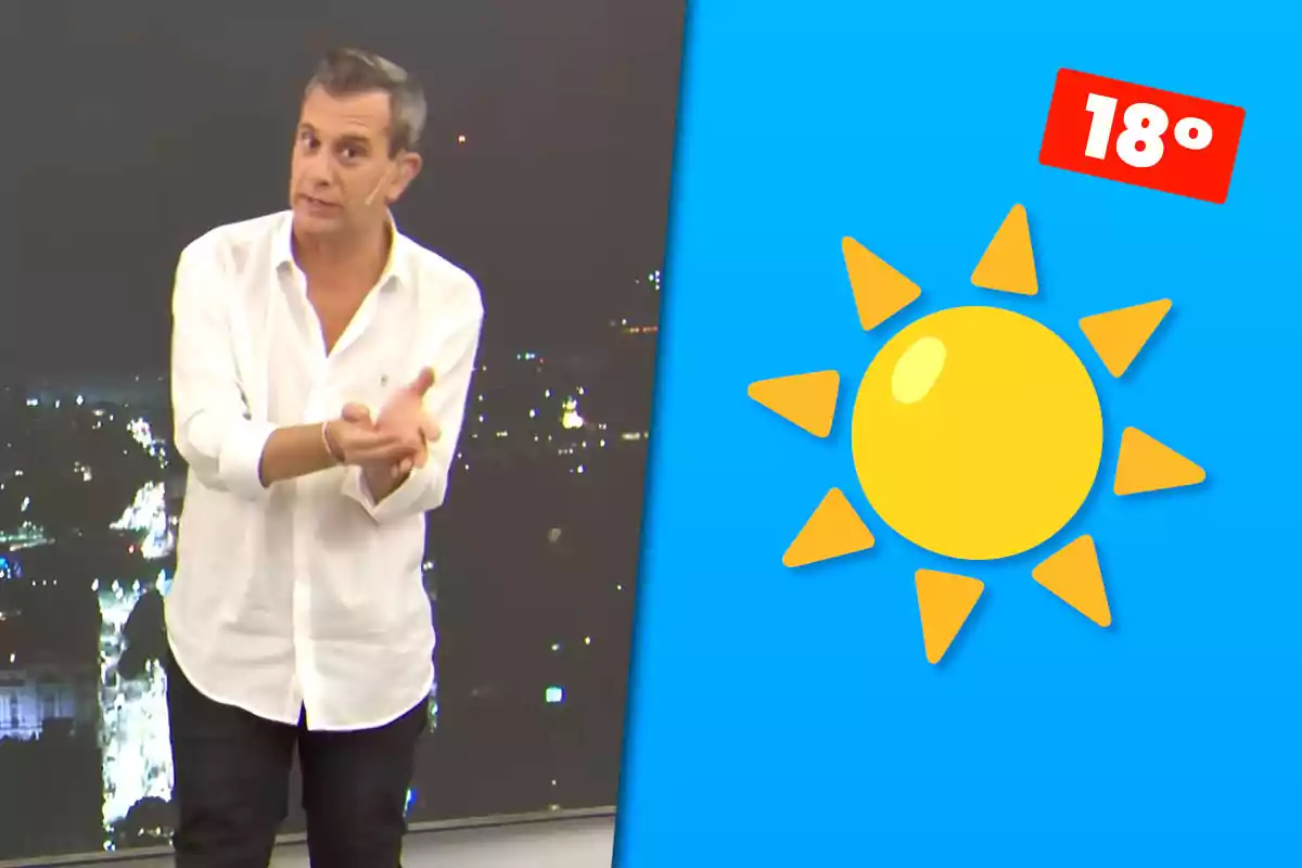 Man in a white jersey presenting the weather next to a graphic of the sun and a temperature of 64 degrees against a blue background