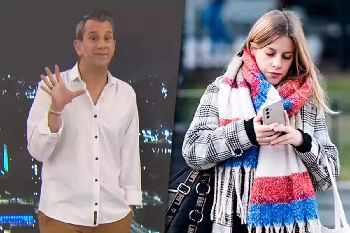 A man in a white jersey waves while a woman with a colorful scarf checks her phone.