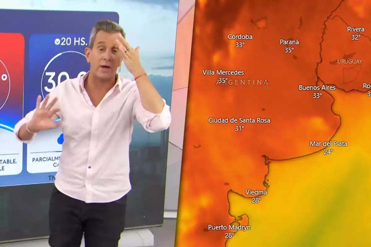 A TV host is explaining the weather forecast, with a map of high temperatures in Argentina beside him.