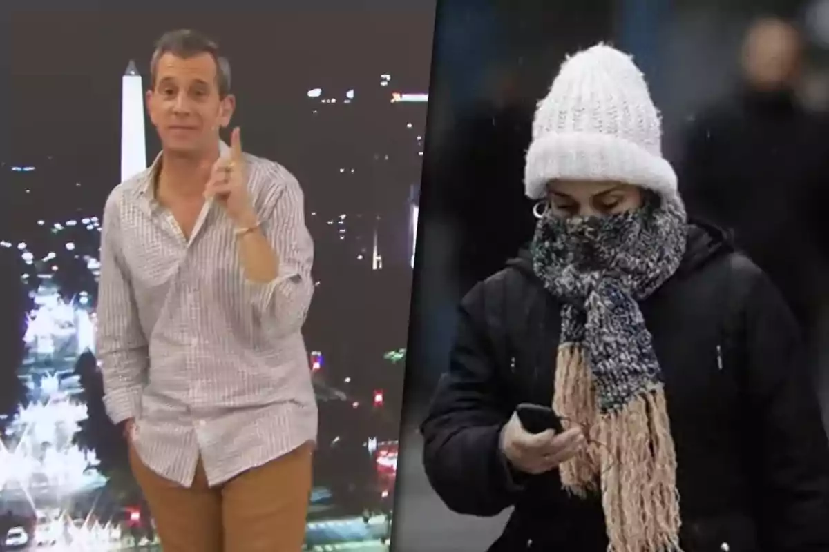 Un hombre con camisa clara y pantalón marrón está hablando frente a un fondo urbano nocturno mientras una mujer con gorro blanco y bufanda camina abrigada mirando su celular