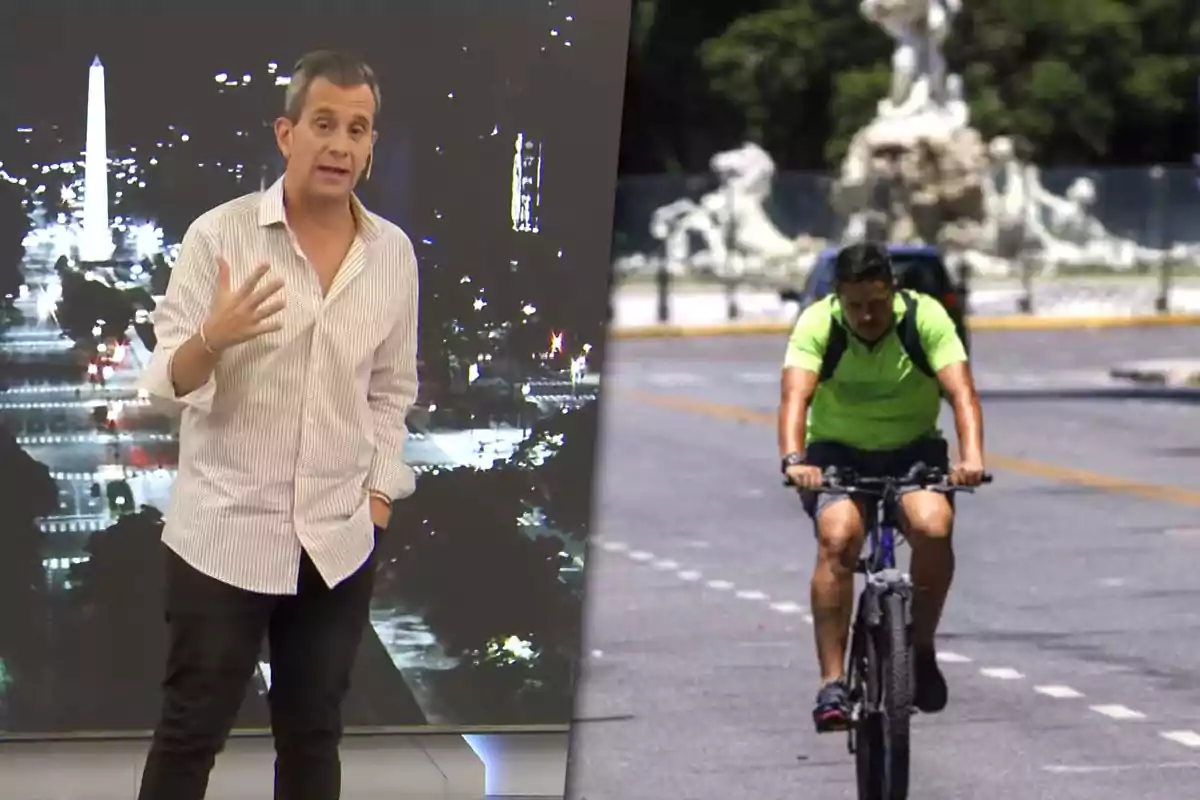 A man standing and speaking in a television studio and another person riding a bicycle down a street.