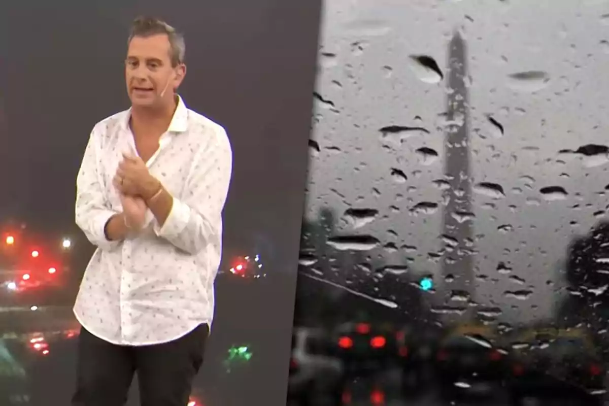 Un hombre con camisa blanca está de pie frente a un fondo oscuro, junto a una imagen de gotas de lluvia en un vidrio con un obelisco de fondo.