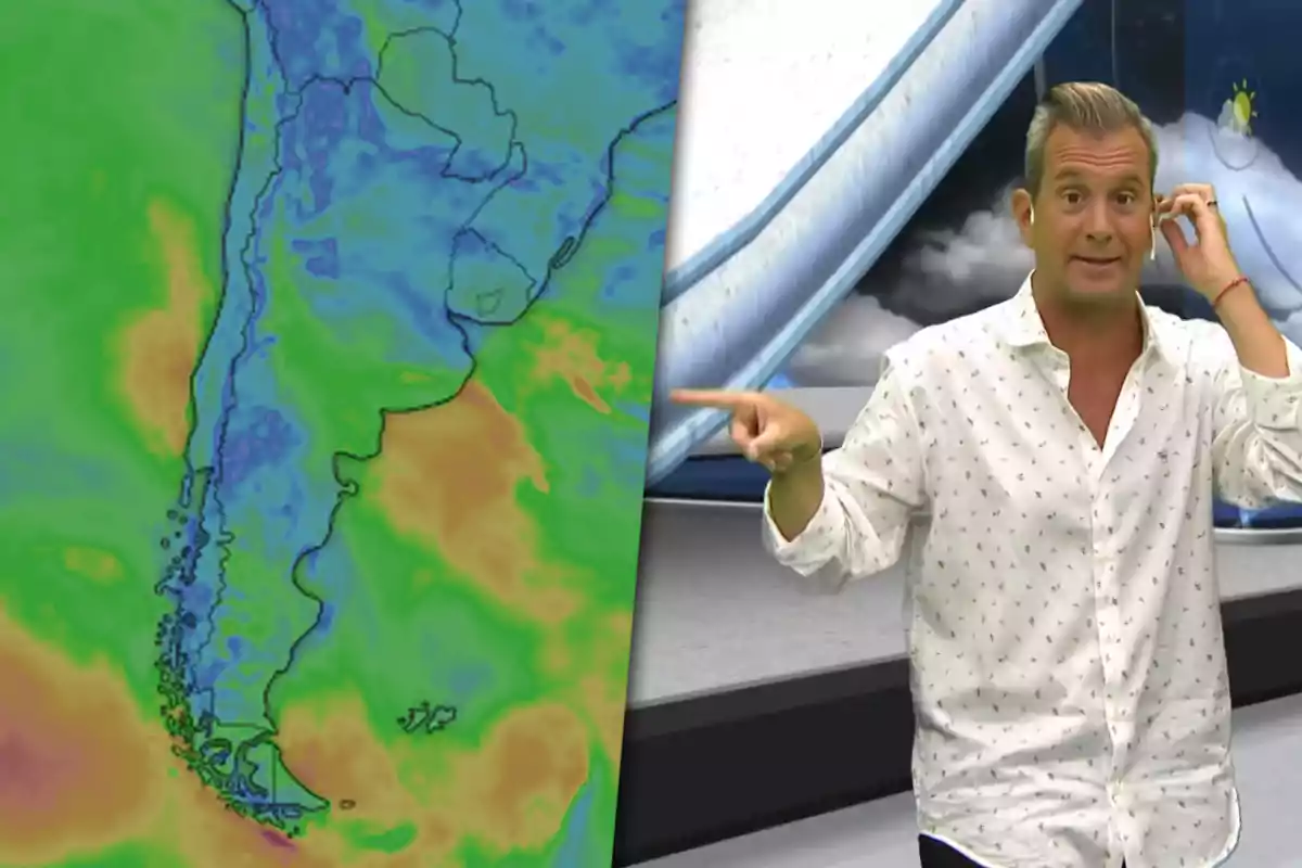 El meteorólogo Matías Bertolotti en un estudio de televisión junto a un mapa meteorológico de Sudamérica.