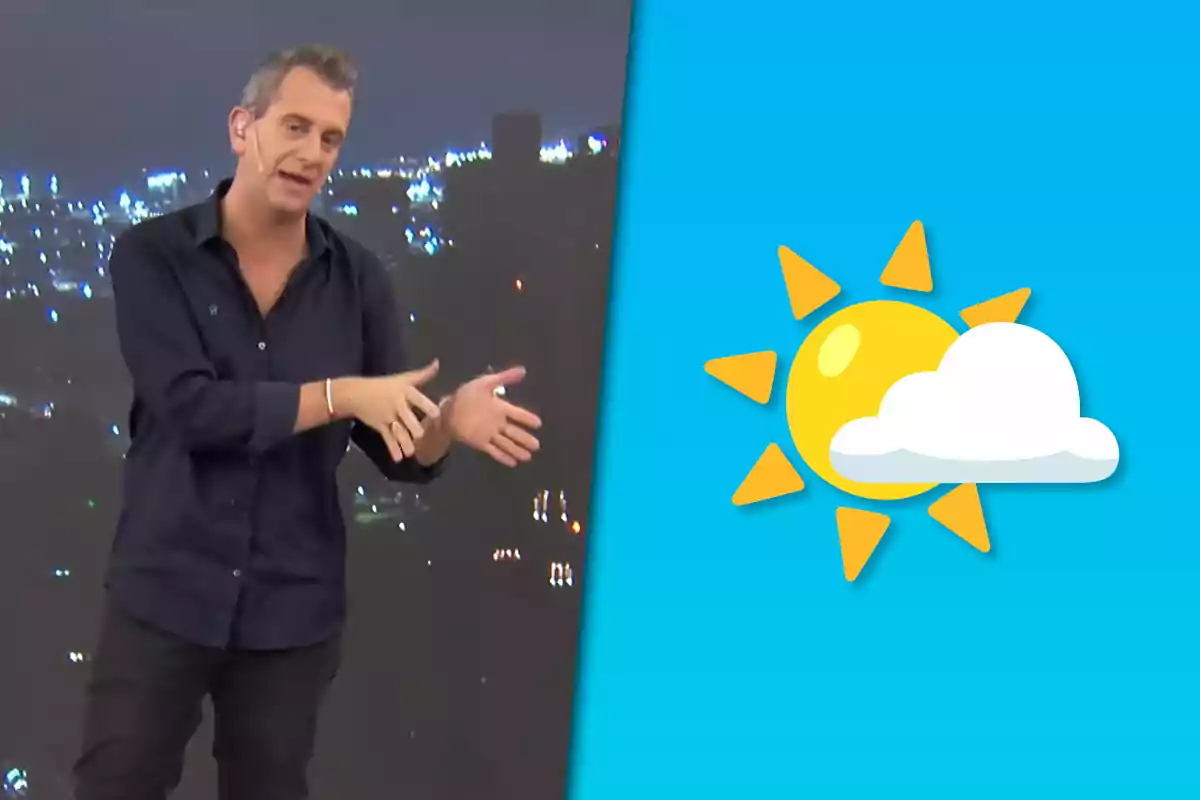 Hombre presentando el clima con fondo de ciudad de noche y un gráfico de sol parcialmente cubierto por una nube sobre fondo azul