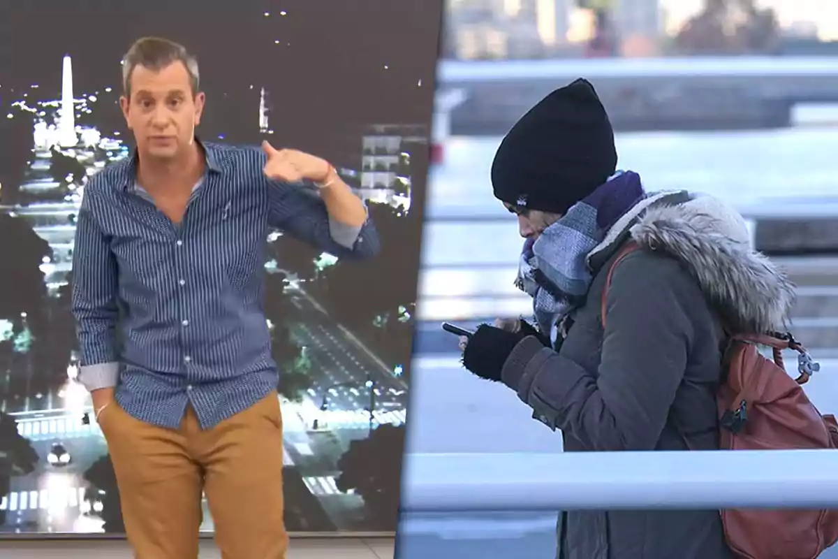 A man in a striped jersey speaks in front of a nighttime image of a city while a person in a coat and scarf checks their phone in a cold urban setting.